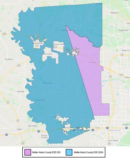 Waller Harris ESD 200 provides fire and EMS services to residents of the district which encompasses most of Waller (blue) and a portion of Harris (pink) counties. Generally, the 1% sales tax would be assessed in the colored portions of this map, but not in the cities which have their own associated sales tax assessments.